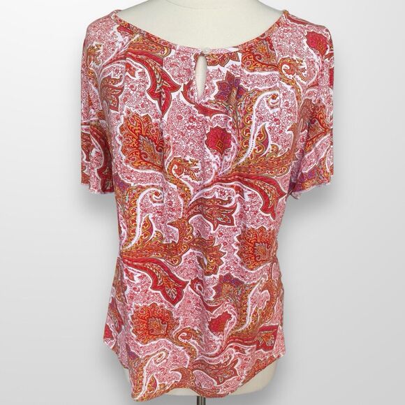 Chaps Women's Size 1X Top Shirt Short Flutter Sleeve Stretch Paisley Scoop Neck - Picture 2 of 8